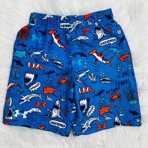NWOT! Under Armour Boys Shark Crab Print Blue Swim Trunks Size 6